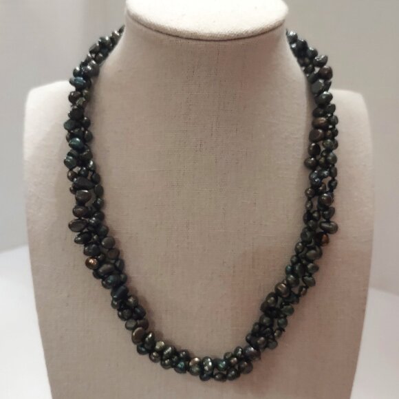 3 STRAND Dark Green BAROQUE FRESHWATER PEARL NECKLACE Choker Silver Tone - Picture 6 of 6